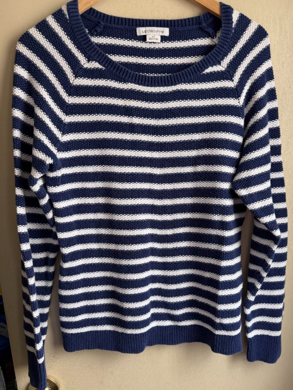 Liz Claiborne Striped Knit Pullover Sweater Navy Blue & White Size LT Nautical